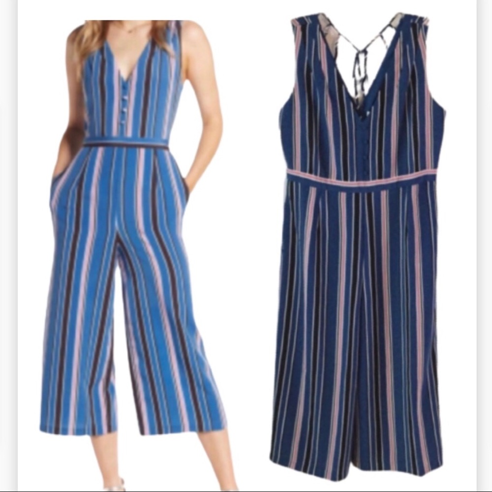 1901 Blue Stripe Crop Wide Leg Sleeveless V-Neck Jumpsuit Large NWT